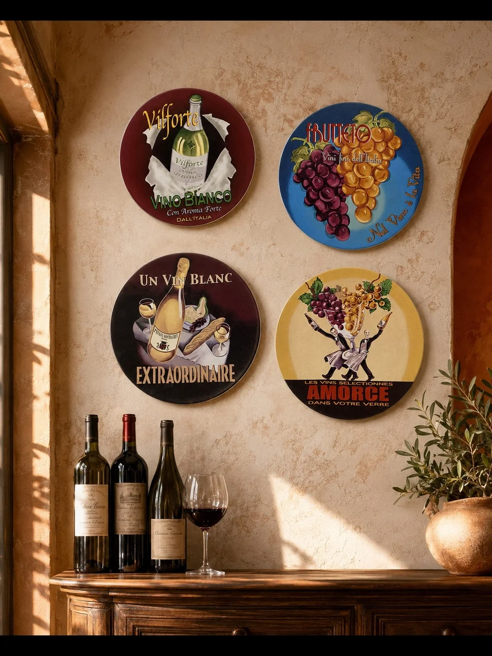 Vintage Pottery Barn Wine Bar Appetizer Plates, Set of 4 French & Italian Wine